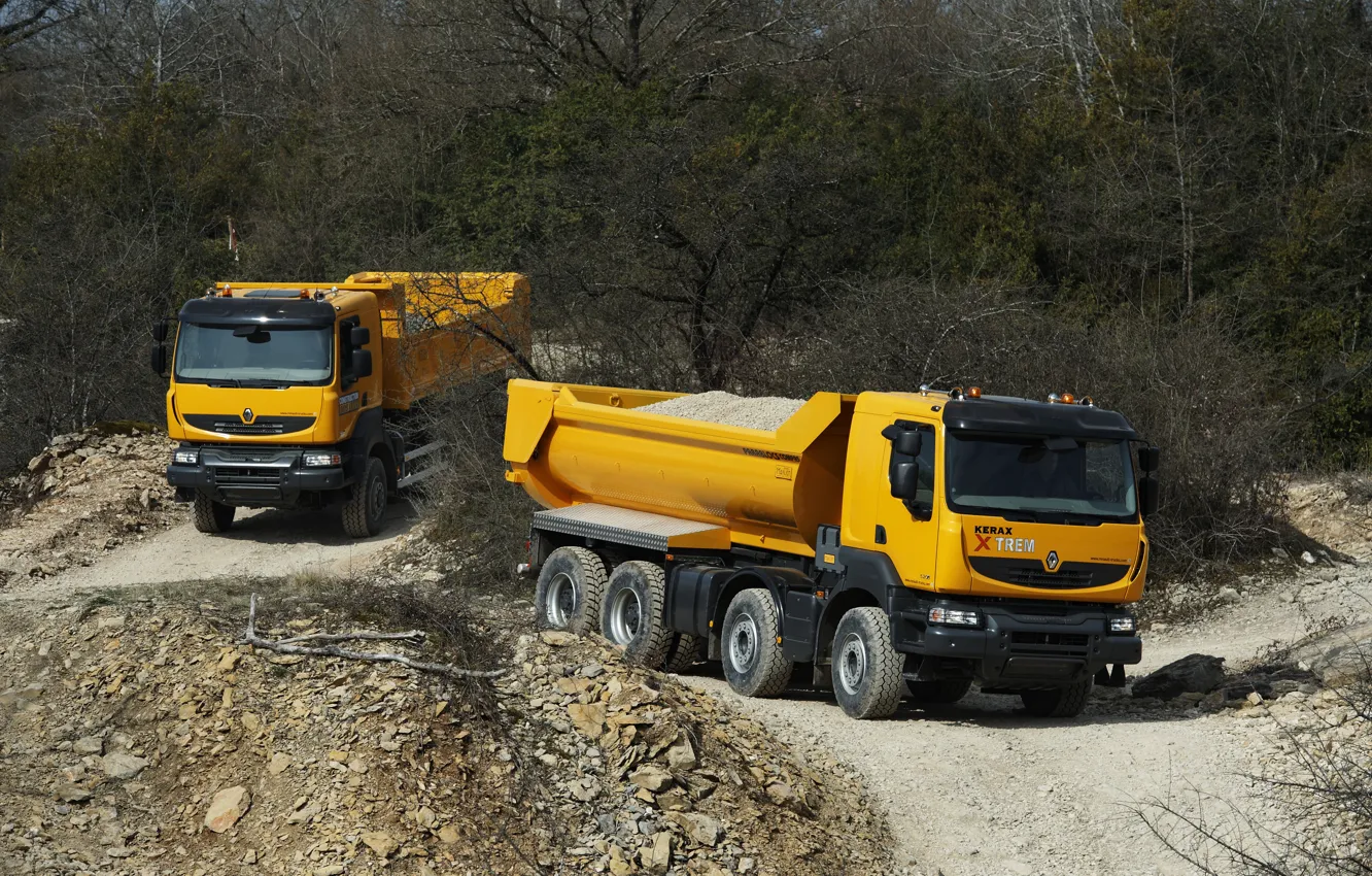 Фото обои грузовики, растительность, Renault, оранжевые, грунтовка, 8x4, 6x4, трёхосный