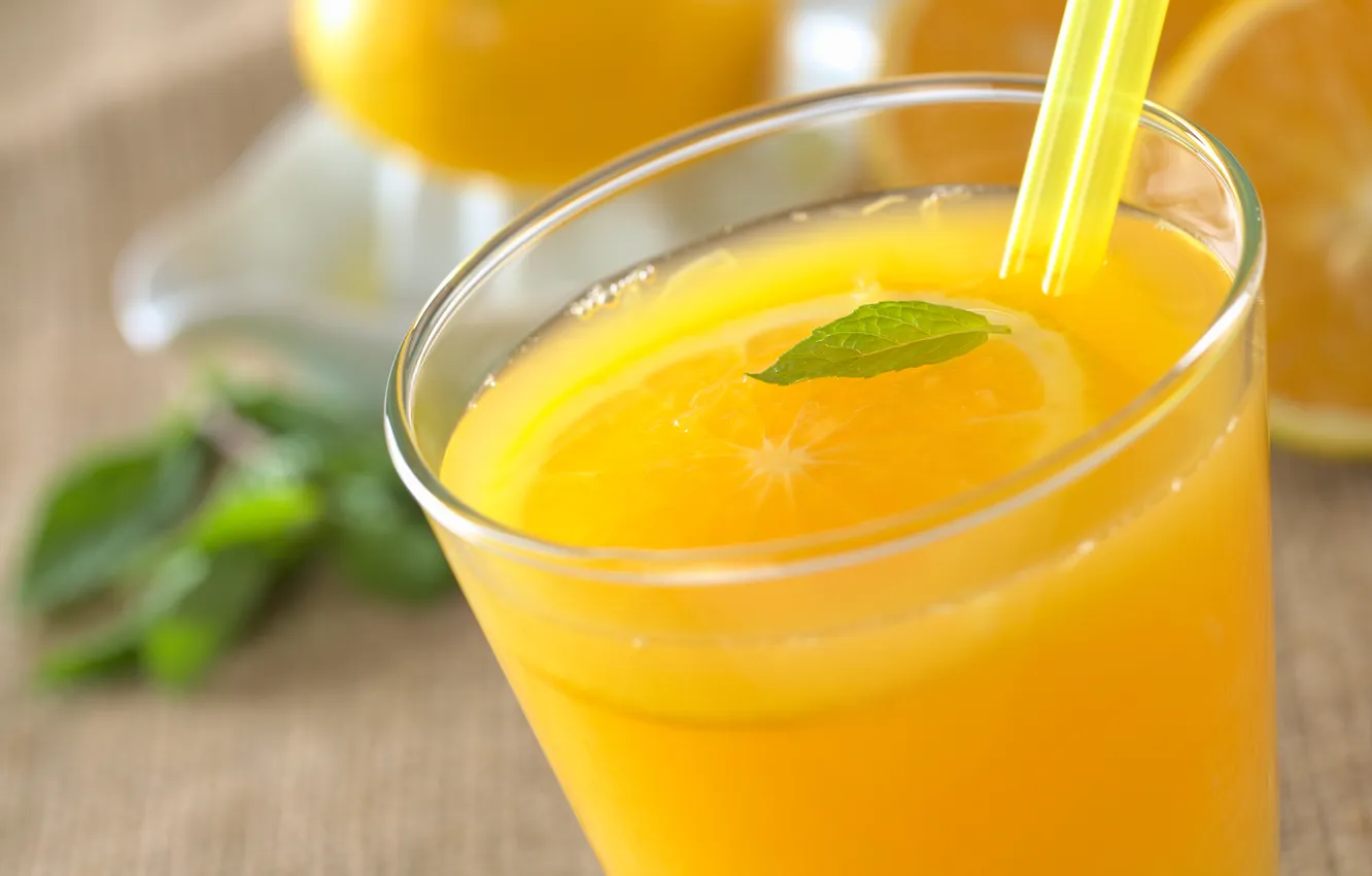 Фото обои апельсин, трубочка, мята, апельсиновый сок