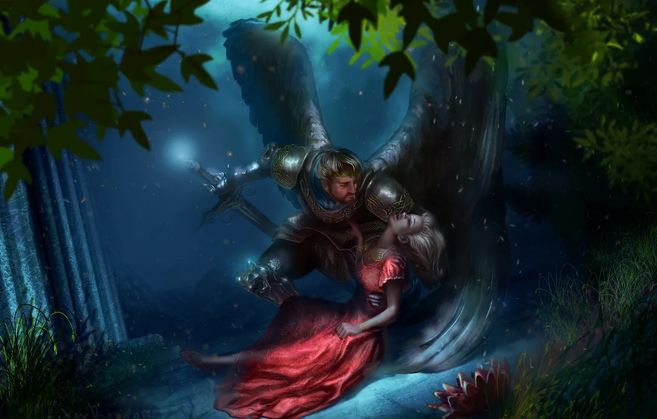 Фото обои лес, крылья, меч, убийство, фэнтези, sword, fantasy, рыцарь