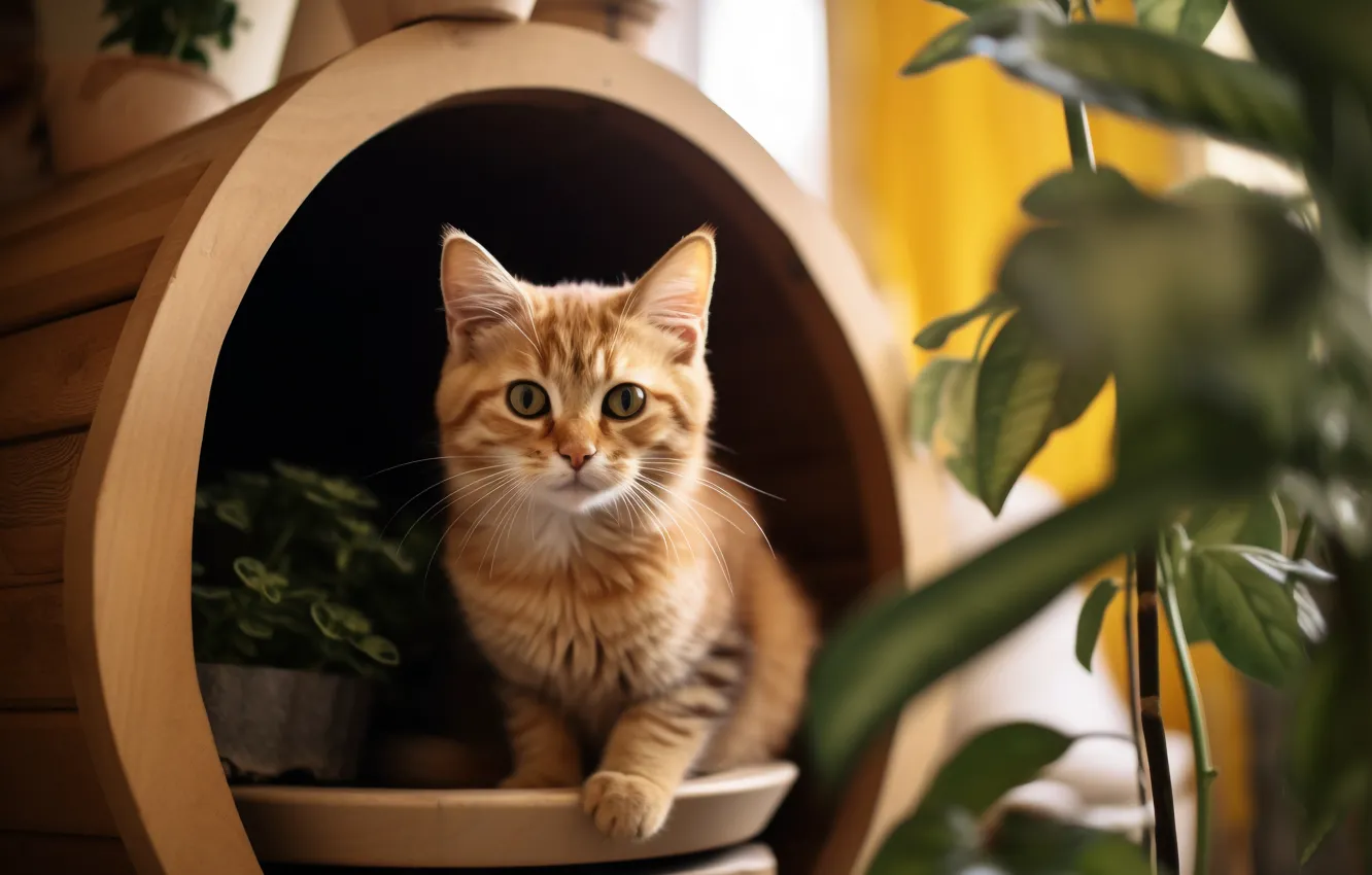Фото обои кошка, взгляд, поза, котенок, растения, рыжий, домик, бочка