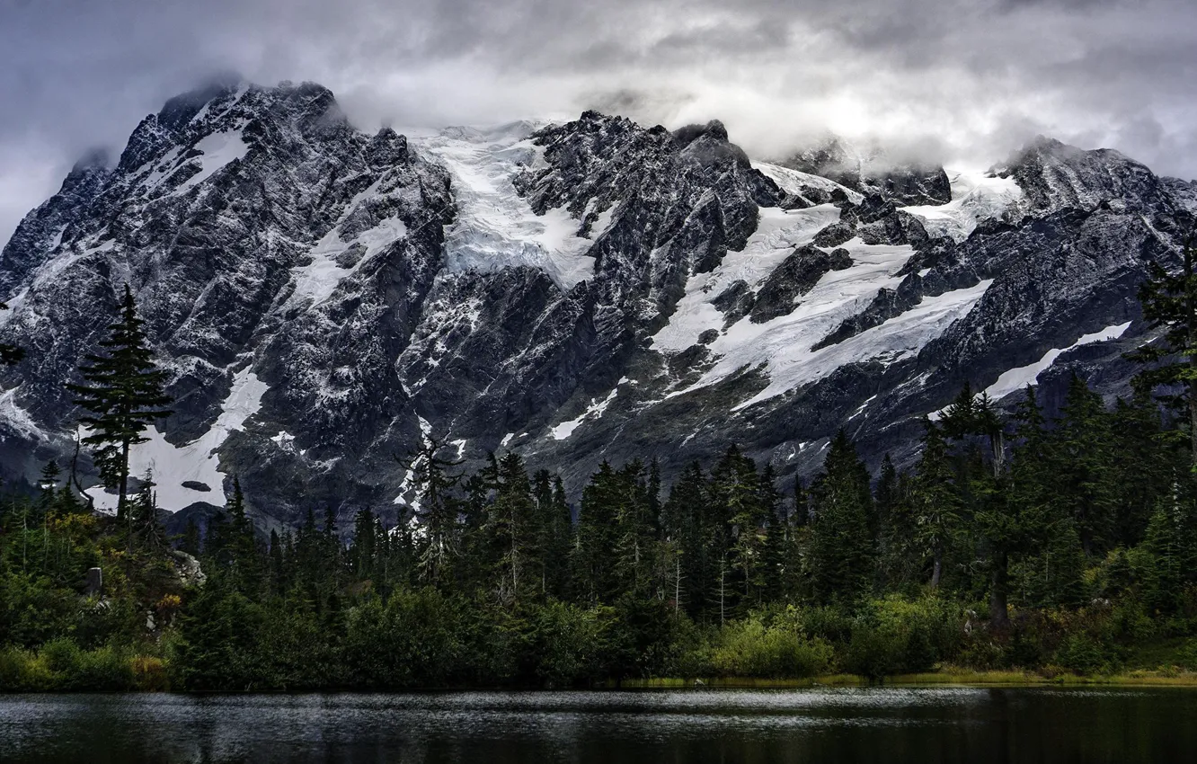 Фото обои небо, облака, снег, деревья, горы, тучи, природа, река