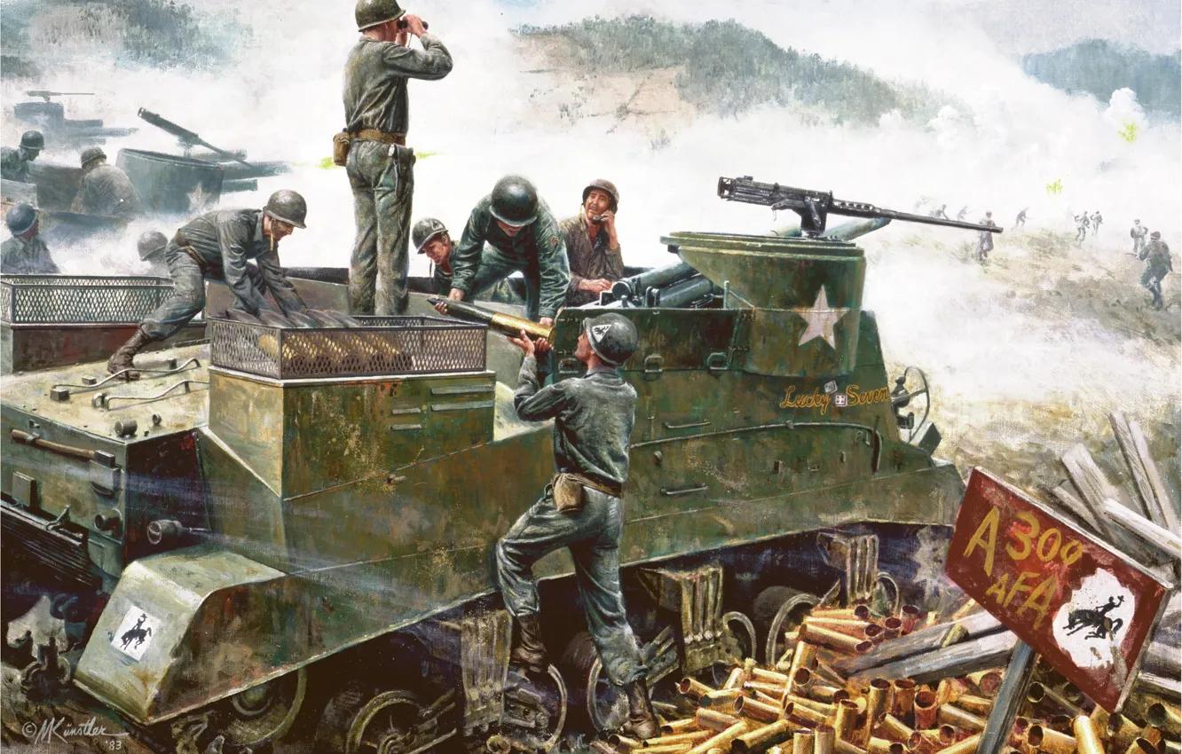 Фото обои рисунок, арт, американская, Южная Корея, M.Kunstler., огневая позиция, Hongchon, 18 мая 1951 года