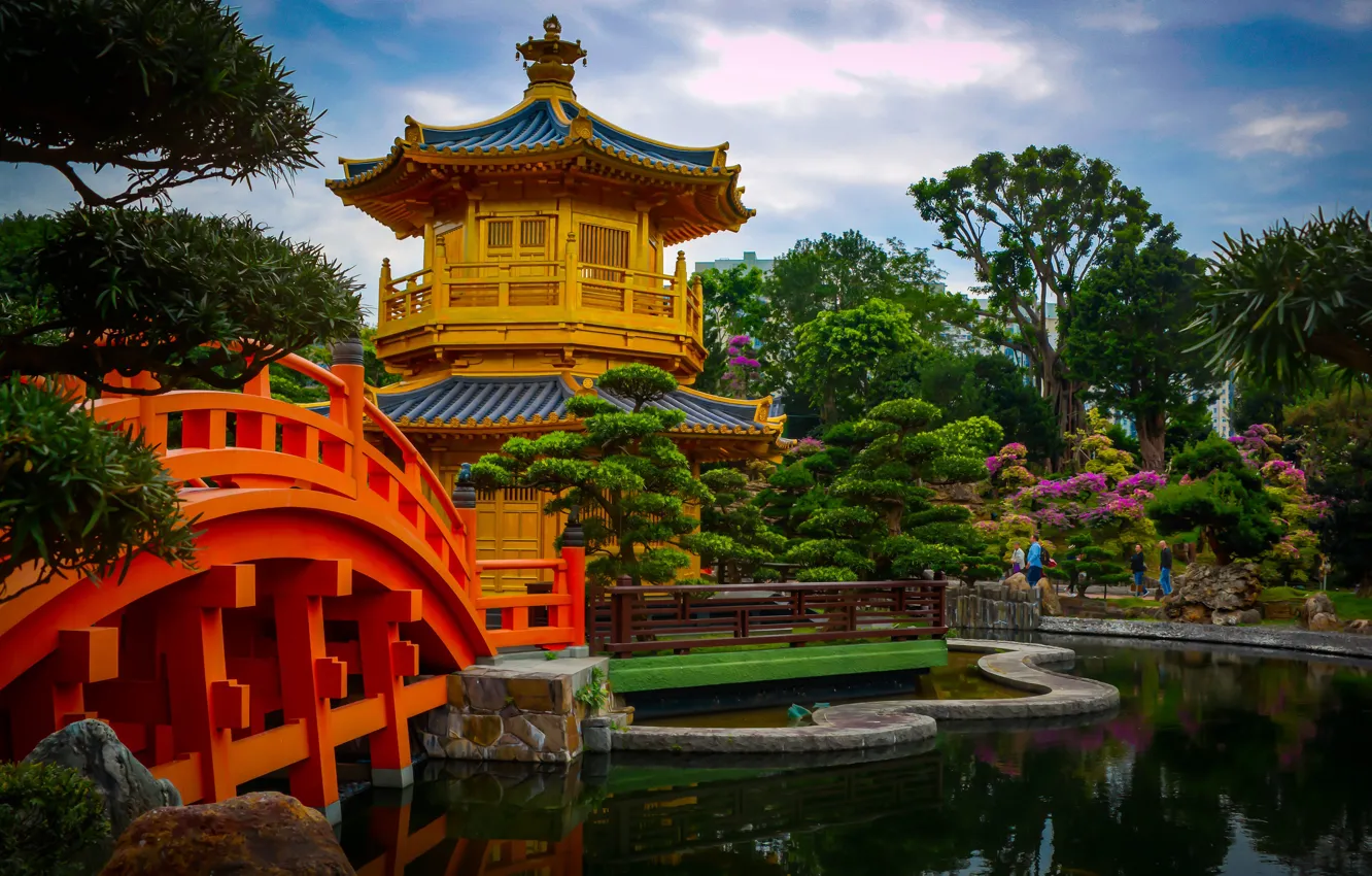 Фото обои деревья, мост, пруд, парк, Гонконг, сад, пагода, Hong Kong