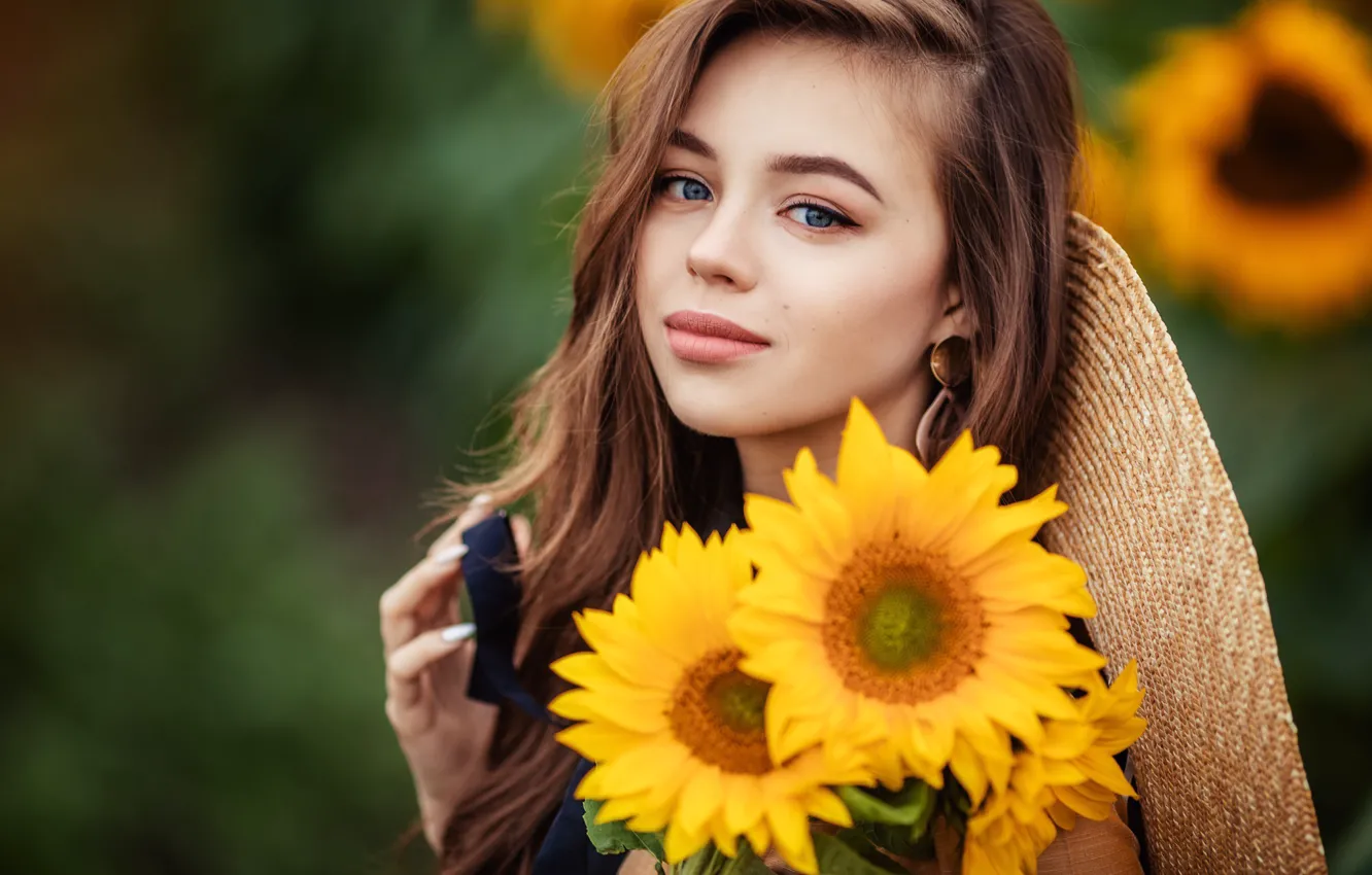 Фото обои подсолнухи, цветы, девочка