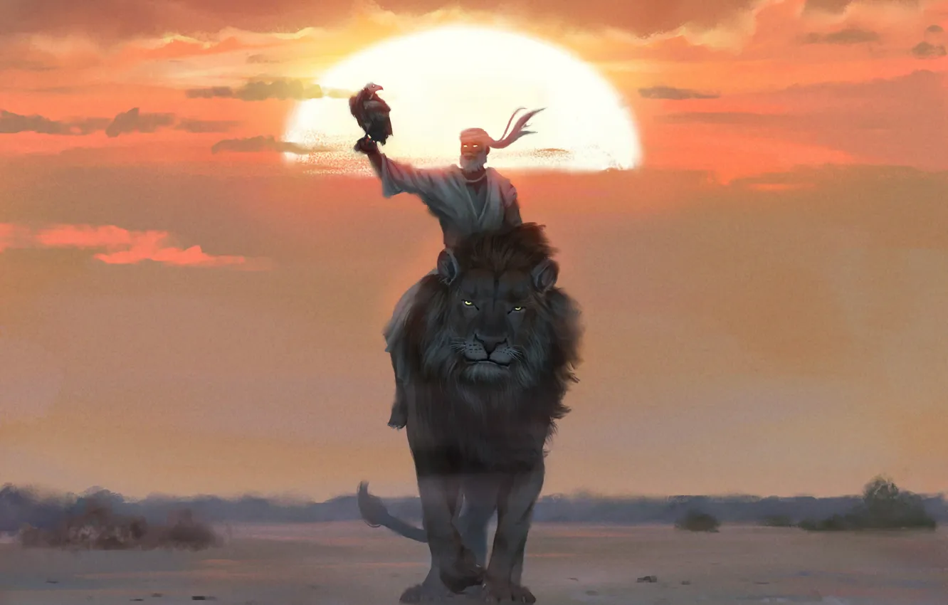 Фото обои fantasy, sunset, lion, sun, man, eagle, artist, digital art