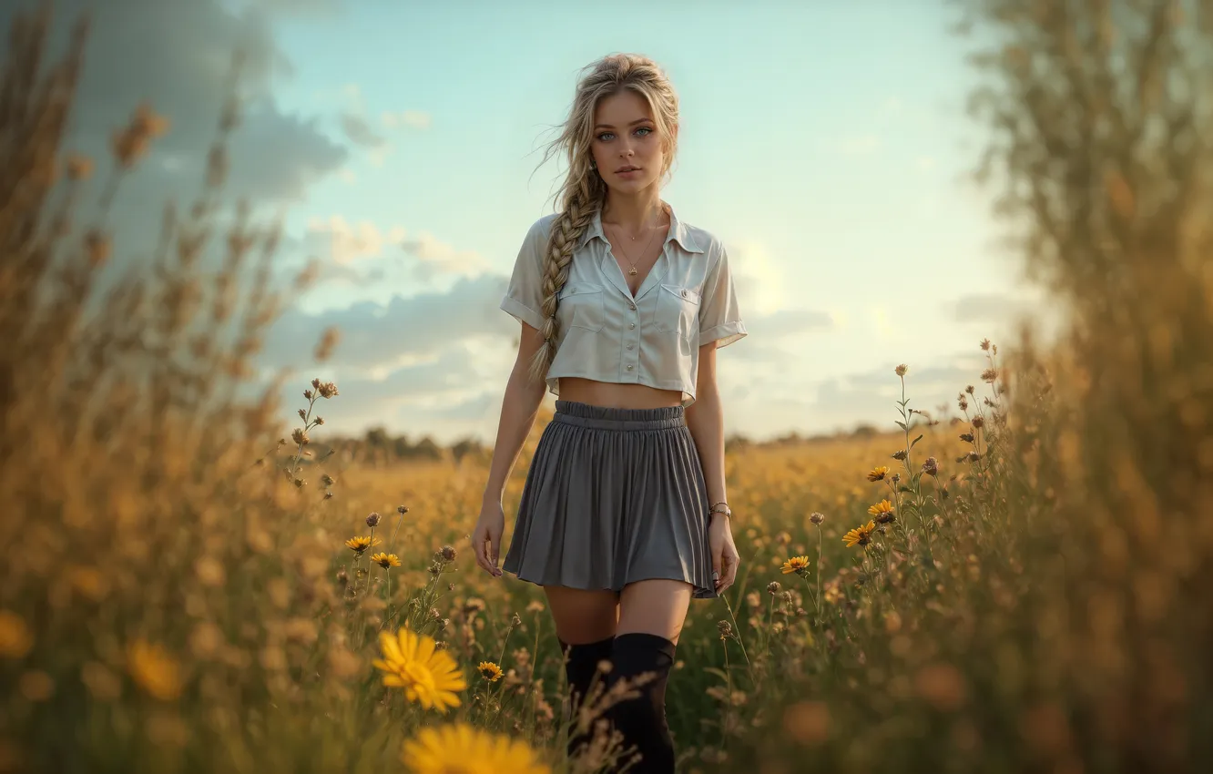 Фото обои long hair, women, blonde, skirt, Stable Diffusion, AI art, photoshopped