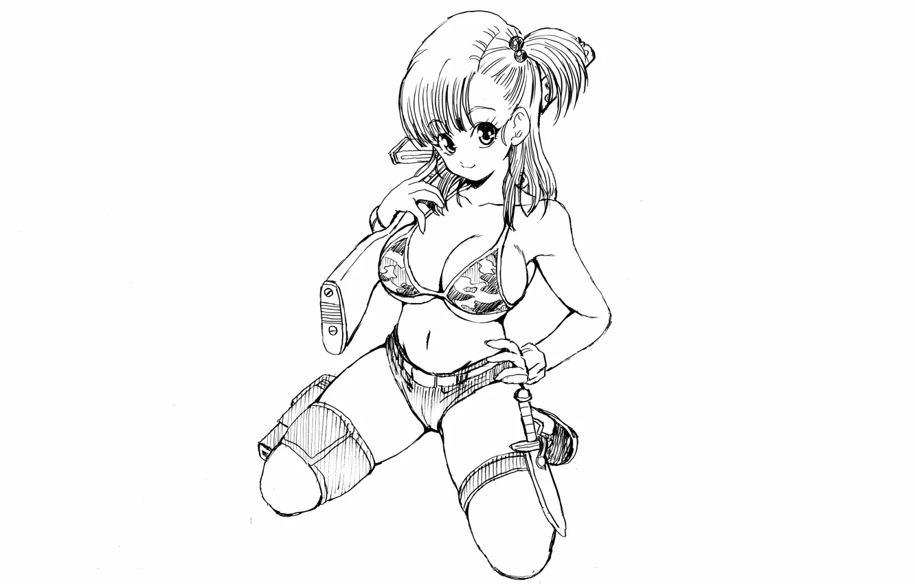 Фото обои girl, gun, sexy, cleavage, shorts, legs, boobs, anime