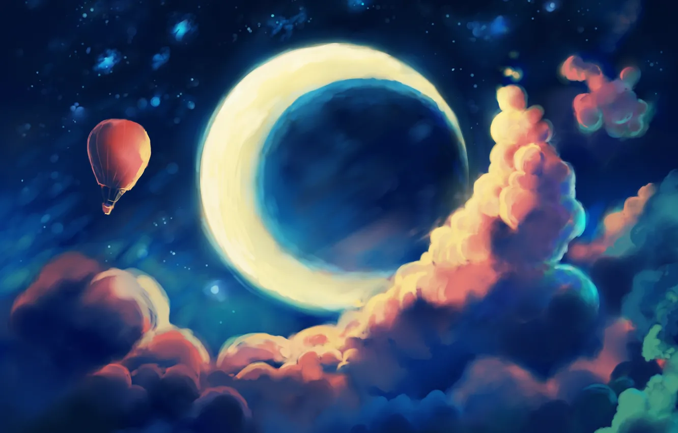 Фото обои небо, облака, ночь, воздушный шар, фантазия, месяц, арт