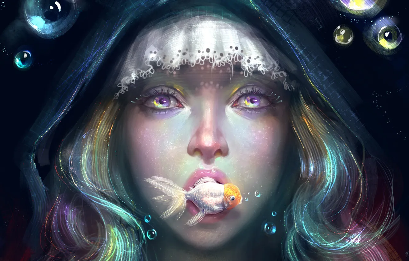Фото обои девушка, пузырьки, волосы, рыба, капюшон, под водой, goldfish