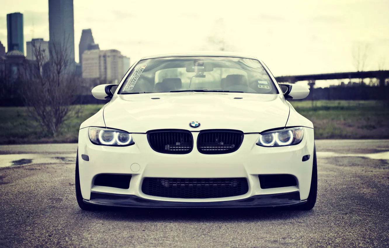 Фото обои BMW, Белая, БМВ, Фары, White, E92, Strasse Wheels, Ангельские глазки