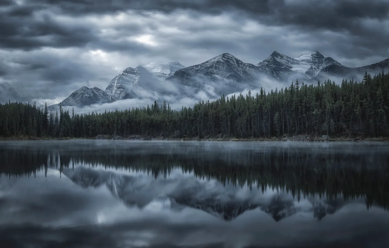 Фото обои лес, горы, озеро, отражение, Канада, Альберта, Banff National Park, Alberta