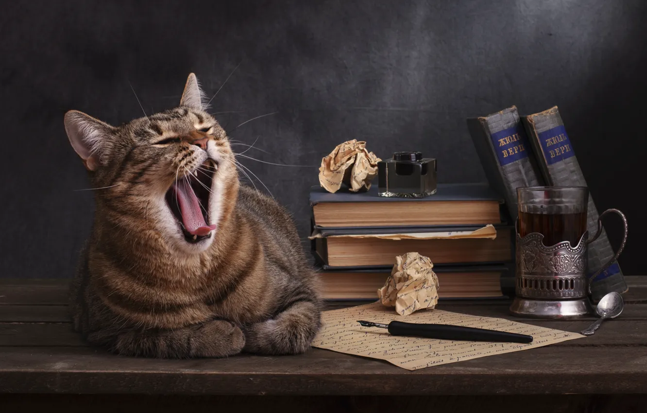 Фото обои кошка, кот, стакан, бумага, животное, книги, ручка, чернильница
