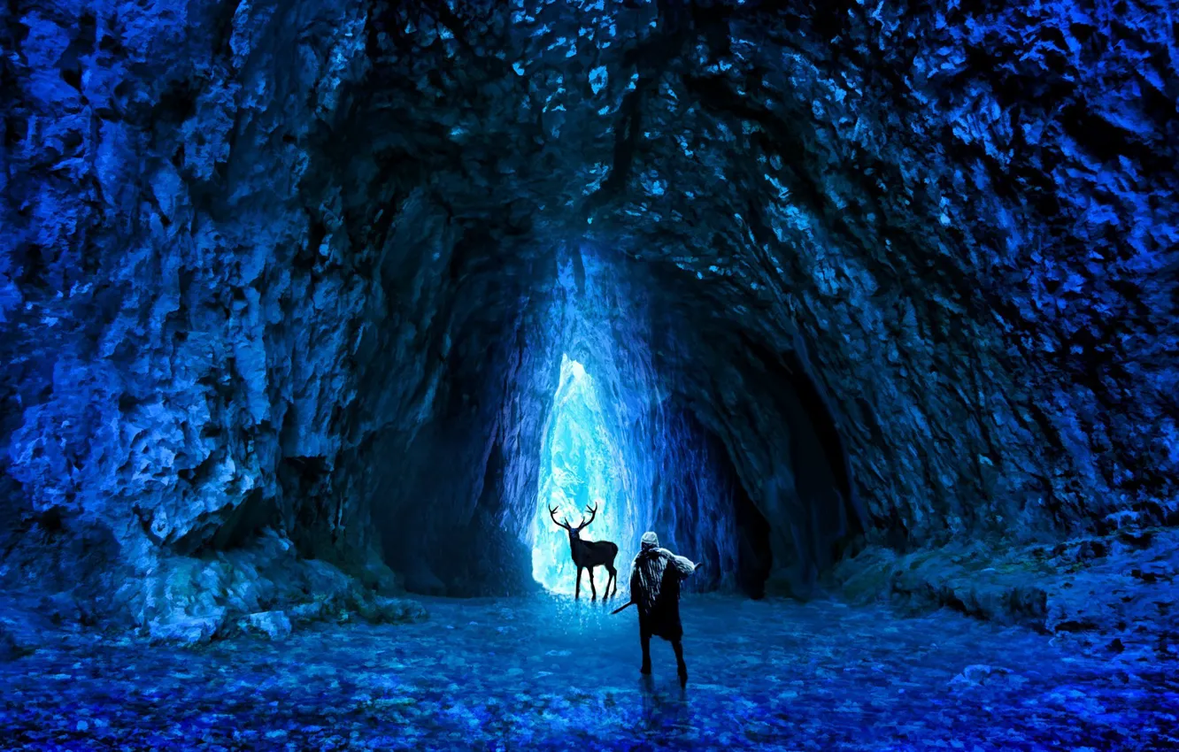 Фото обои холод, лед, оружие, человек, олень, арт, пещера, романтика апокалипсиса