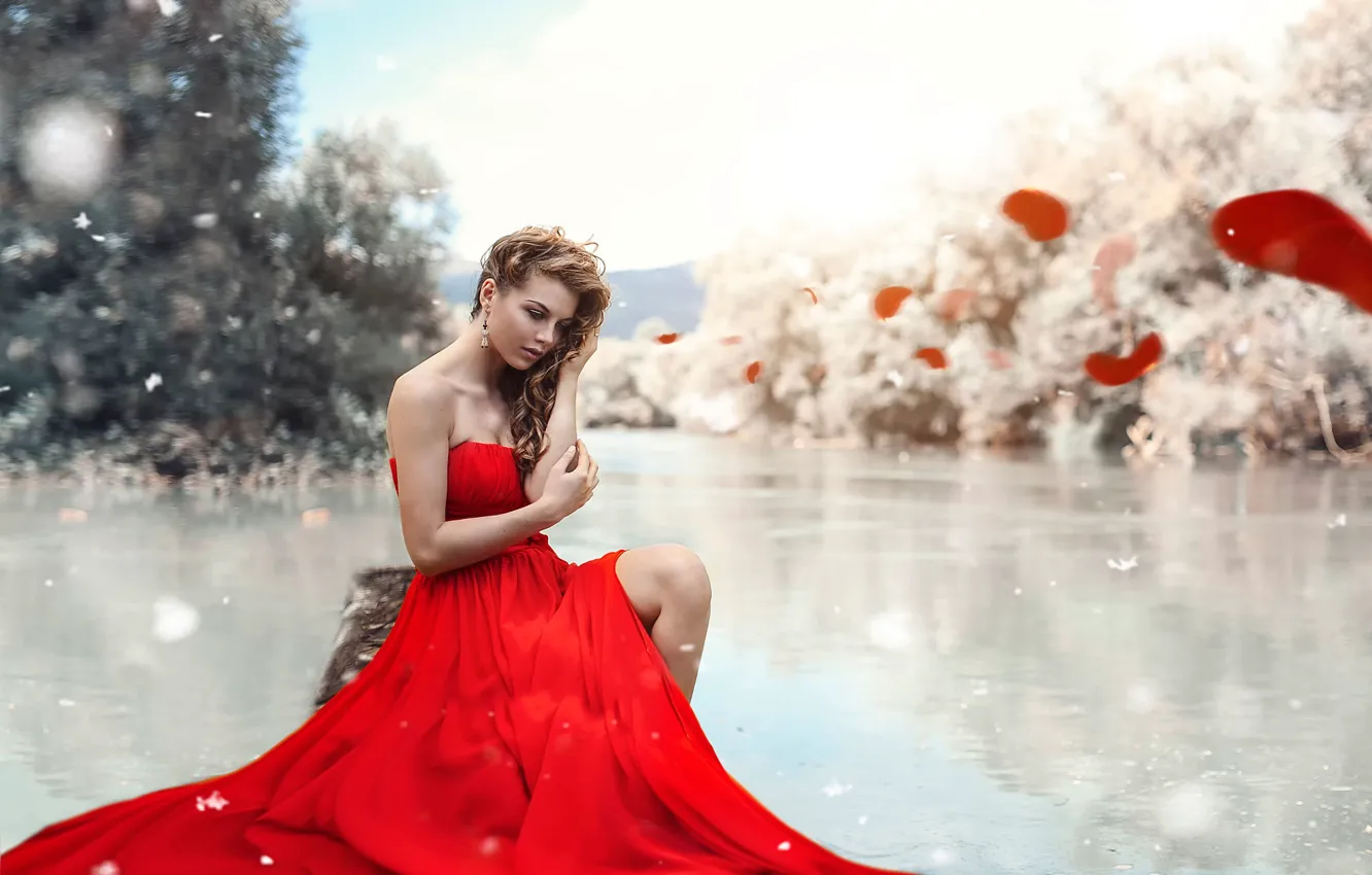 Фото обои макияж, в красном, ножка, Alessandro Di Cicco, The enchanted lake
