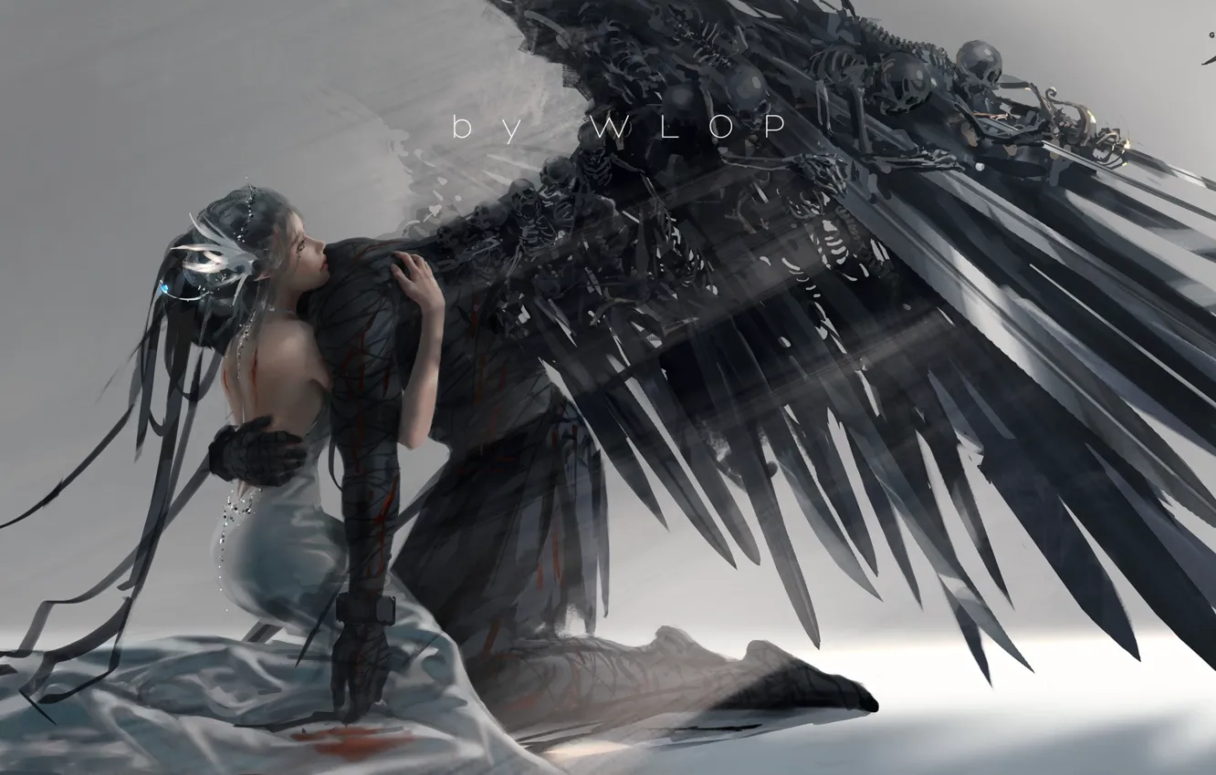 Фото обои demon, skull, girl, fantasy, dress, wings, angel, elf