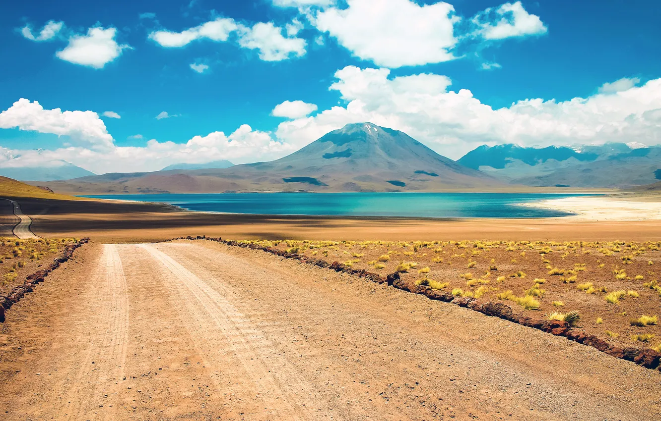 Фото обои road, desert, cloud, mountain, lake, chile, atacama