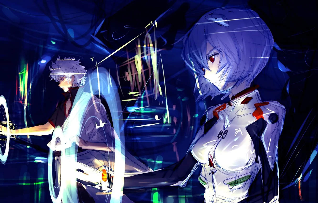 Фото обои девушка, робот, аниме, арт, парень, neon genesis evangelion, ayanami rei, gintama