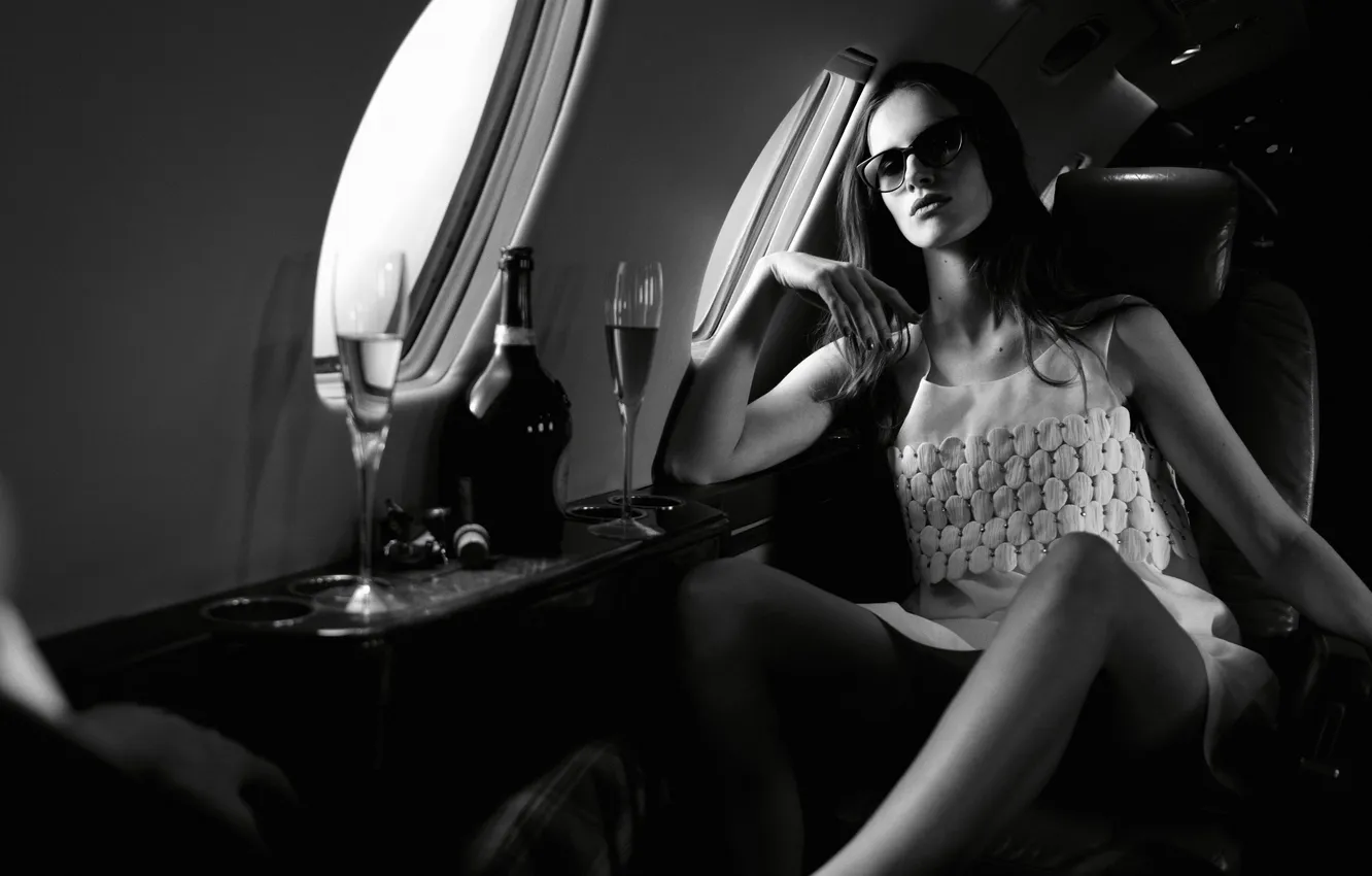 Фото обои девушка, бокал, бутылка, самолёт, kai van mil