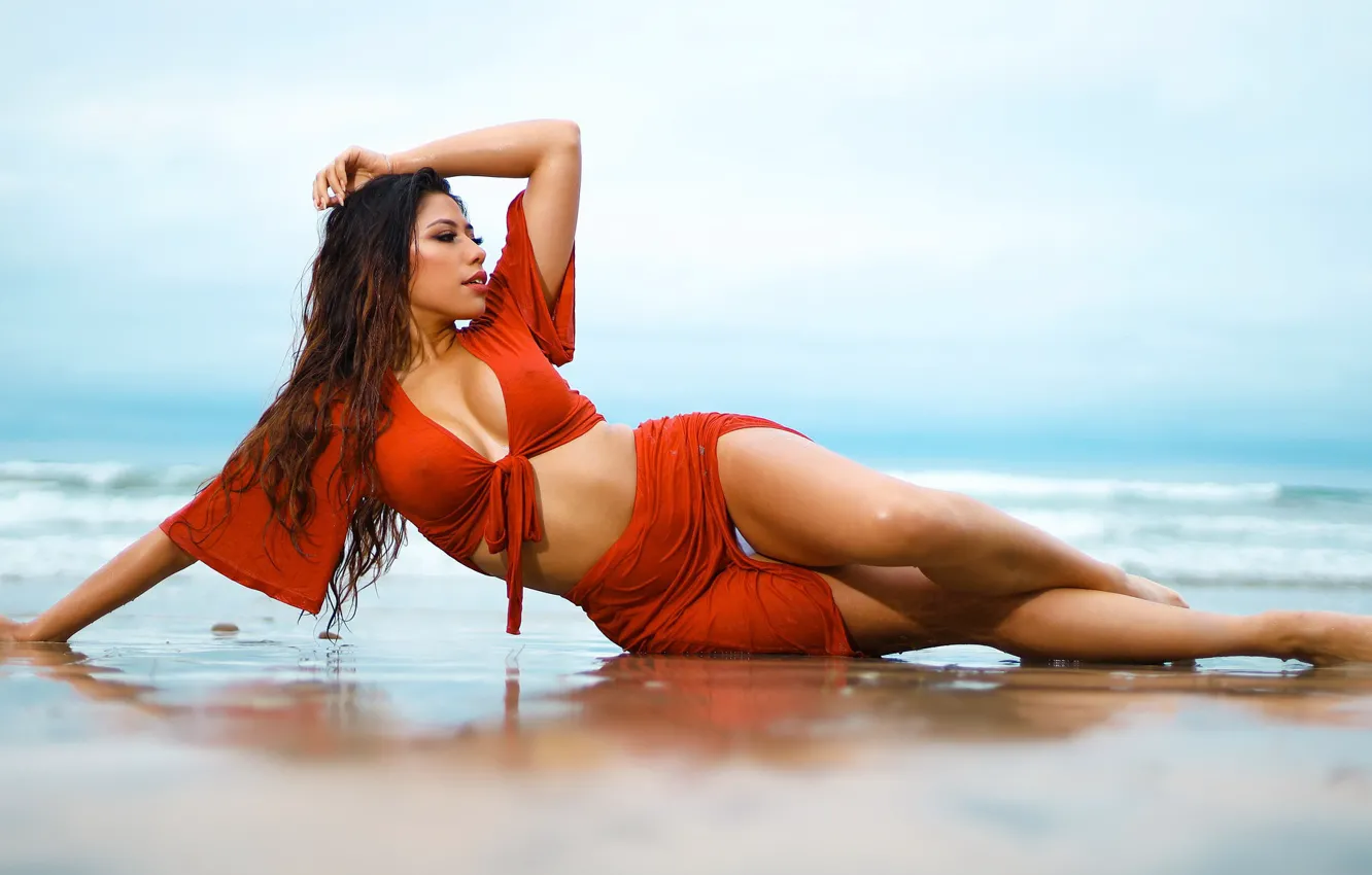 Фото обои море, девушка, берег