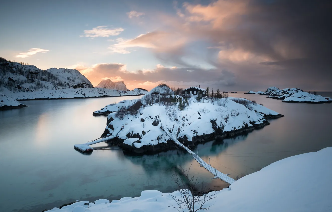 Фото обои зима, мост, остров, Norway, Troms Fylke, Hamn