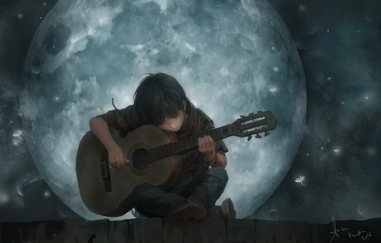 Фото обои крыша, настроение, луна, романтика, парень, lee kent, The Song Of The Moon