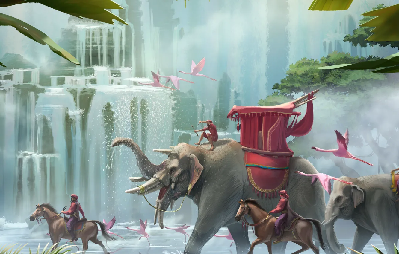 Фото обои животные, водопад, джунгли, фламинго, palace march