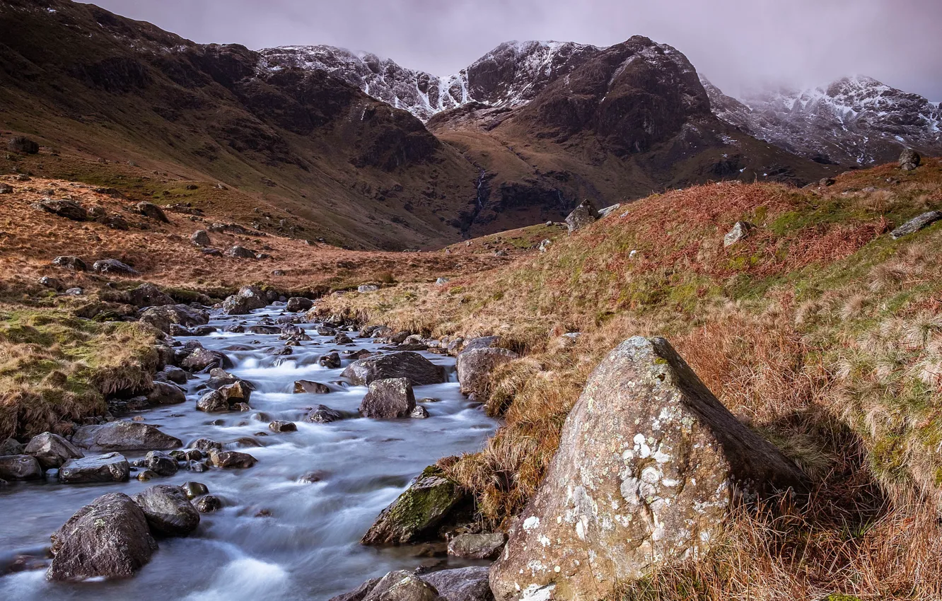 Фото обои горы, камни, поток, речка, Lake District