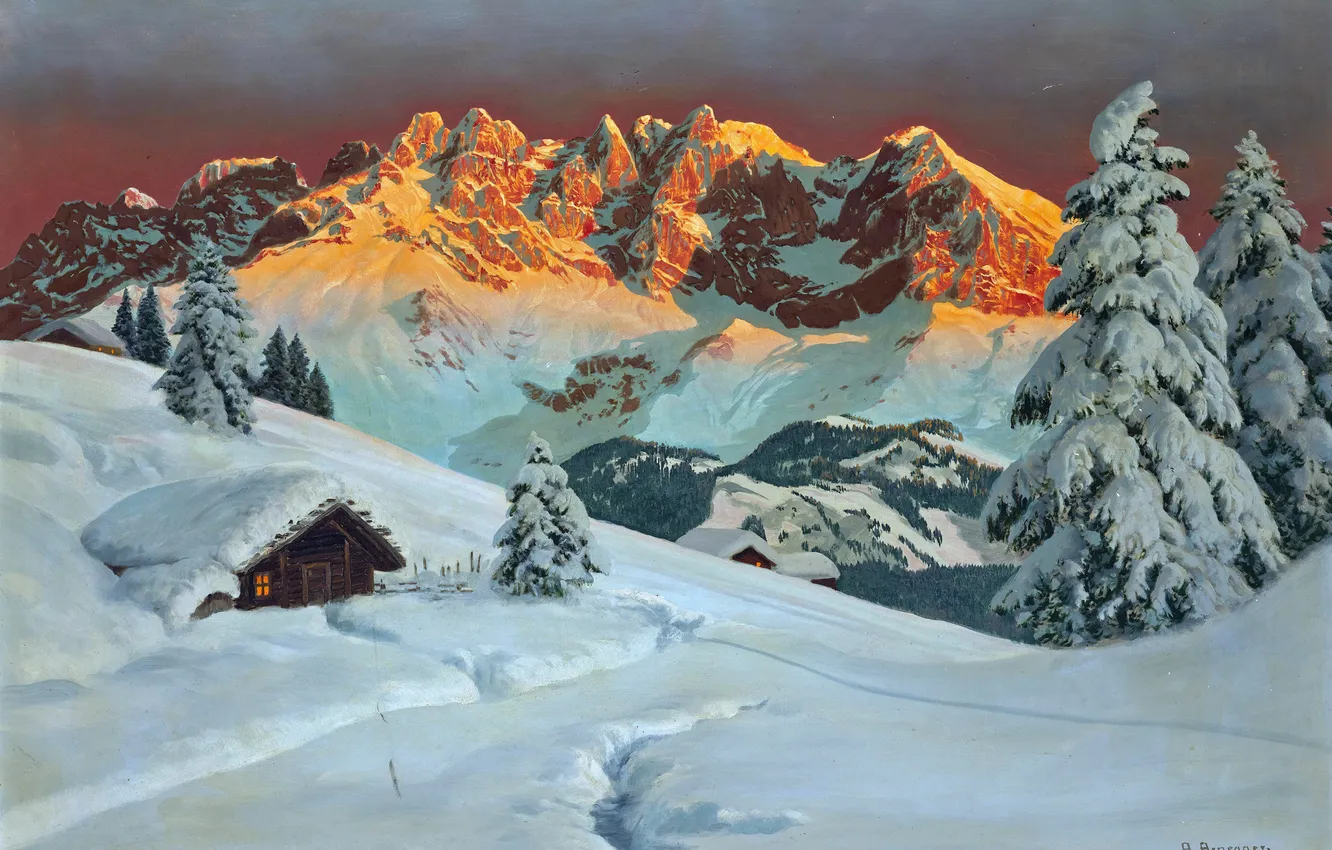 Фото обои Дома, Зима, Горы, Деревья, Снег, Картина, Alois Arnegger, Алоис Арнеггер