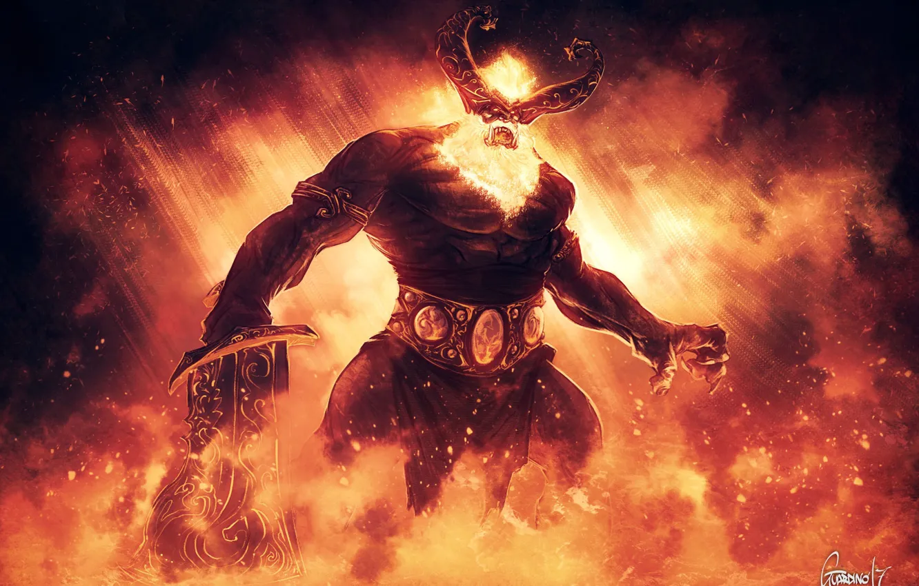 Фото обои Рисунок, Огонь, Пламя, Демон, Fire, Арт, Ragnarok, Фантастика