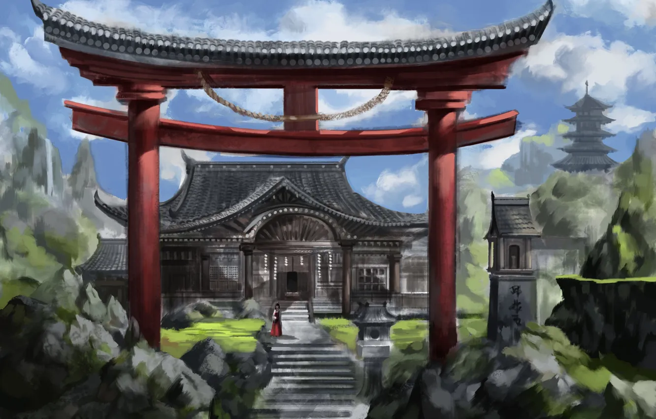 Фото обои девушка, пейзаж, азия, арт, храм, врата, baka