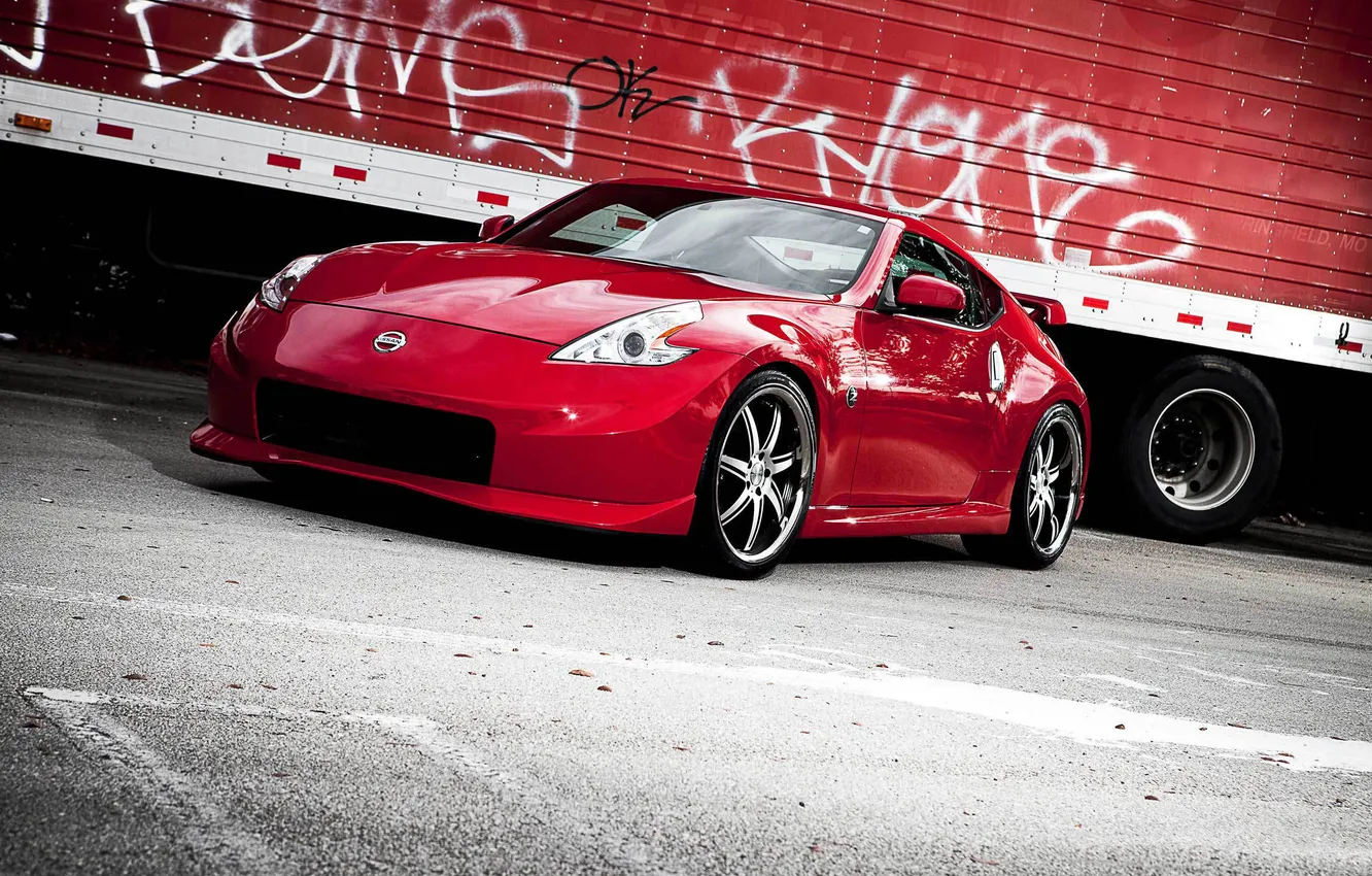 Фото обои красный, red, Nissan, ниссан, 370z, трейлер, росписи