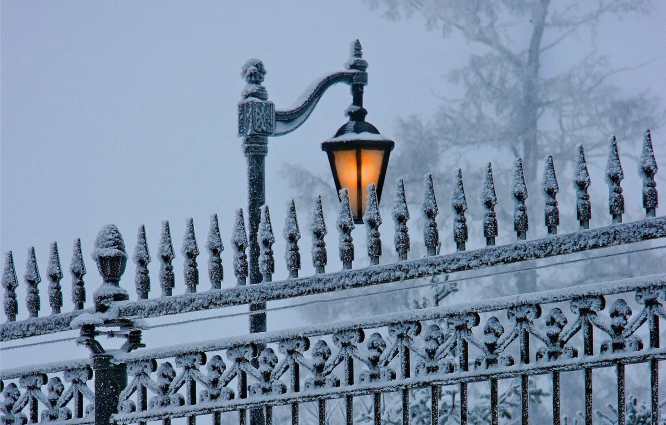 Фото обои зима, снег, природа, фонарь