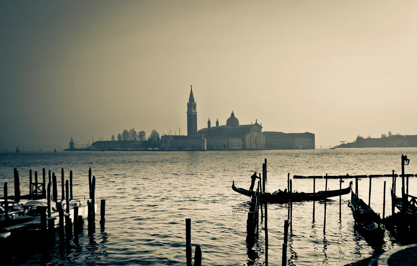 Фото обои закат, лодка, Италия, церковь, Венеция, канал, гондола, Сан-Джорджо Маджоре