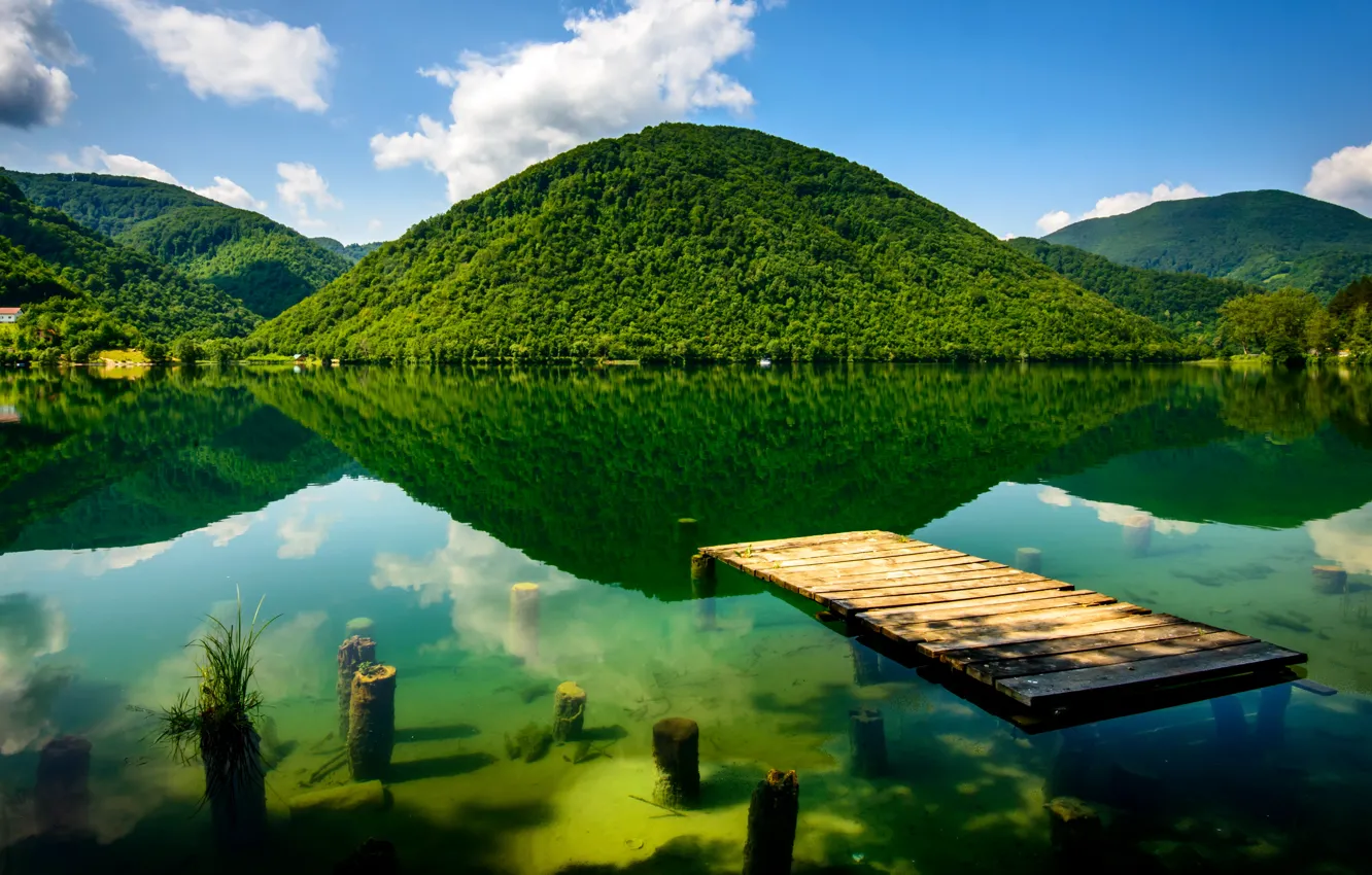 Фото обои зелень, горы, река, дно, причал, Босния и Герцеговина