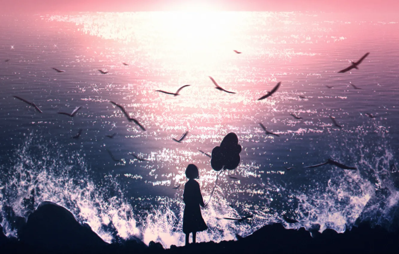 Фото обои море, шарики, чайки, девочка