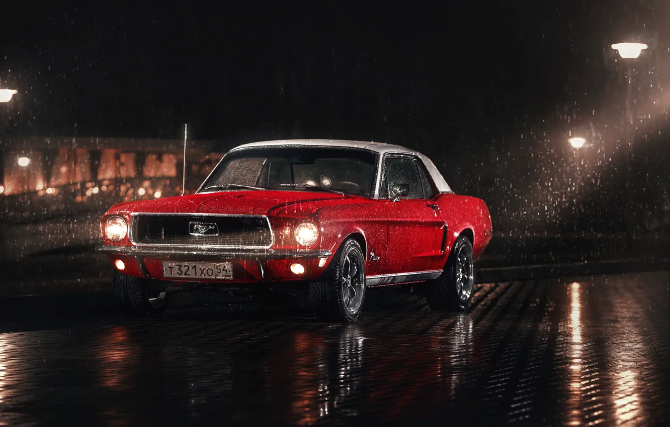 Фото обои белый, красный, дождь, Mustang, Ford, парковка, 1967, фонарные столбы