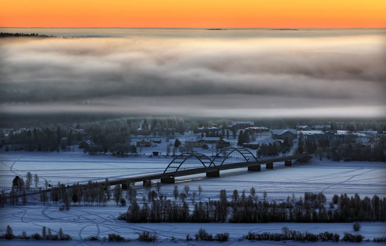 Фото обои снег, мост, река, граница, Швеция, Финляндия, Турнеэльвен