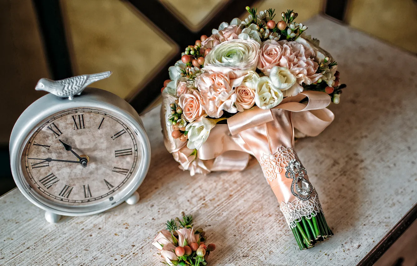 Фото обои цветы, часы, букет, wedding