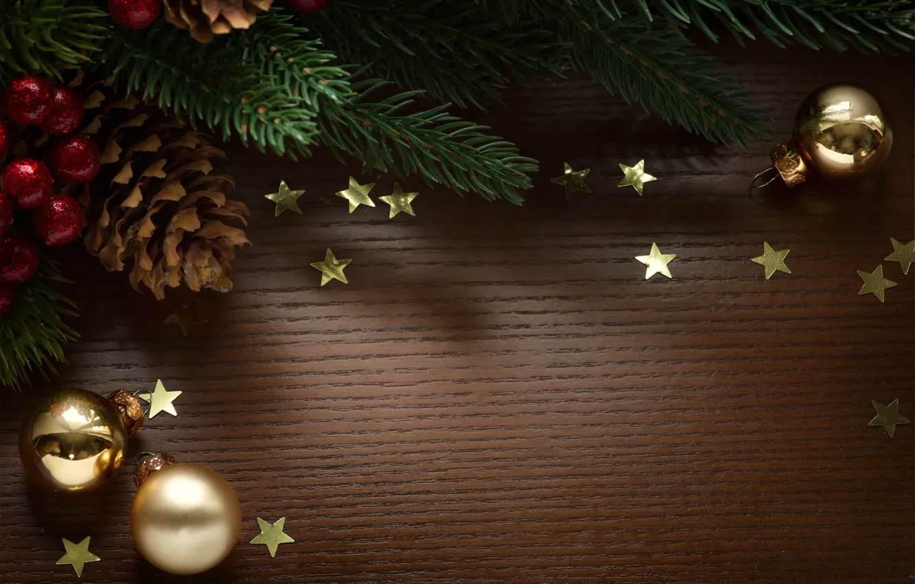 Фото обои звезды, праздник, игрушки, новый год, ель, шишки