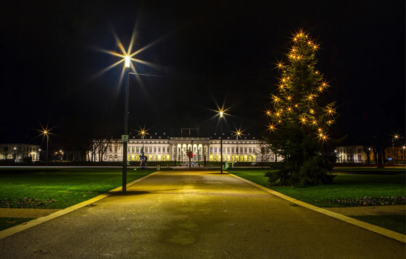 Фото обои ночь, город, фото, елка, Германия, фонари, гирлянда, Koblenz