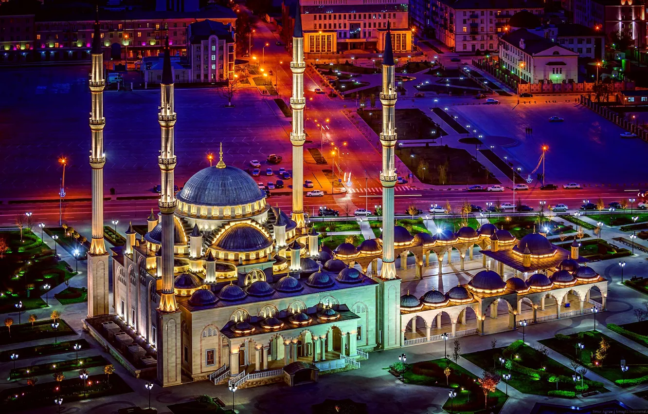 Фото обои ночь, Россия, Russia, night, Мечеть, Чечня, Грозный, Сердце Чечни