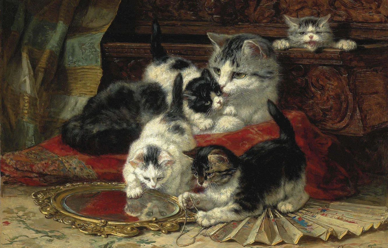 Фото обои Кошки, Котята, Картина, Генриетта Роннер-Книп, Henriette Ronner-Knip, Бельгийская художница, Мать и котята играют с ручным …