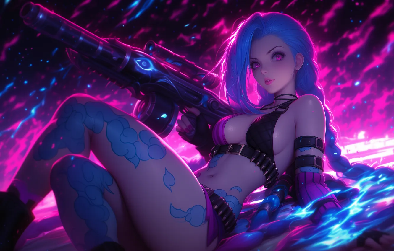 Фото обои wallpaper, fire, gun, anime, neon, League of Legends, лига легенд, Jinx