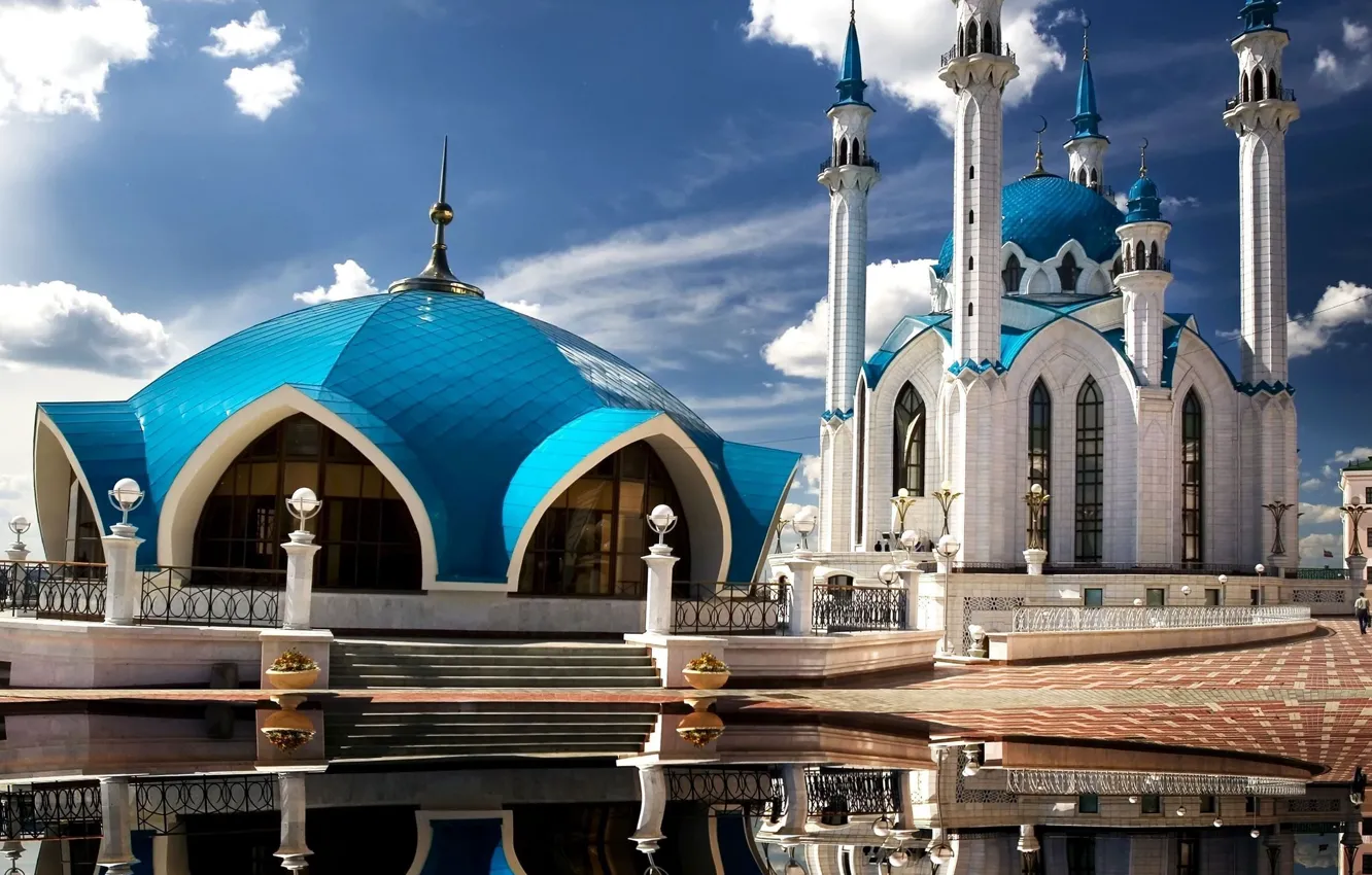 Фото обои небо, облака, отражение, кремль, мечеть, Казань, Татарстан, Кул-Шариф