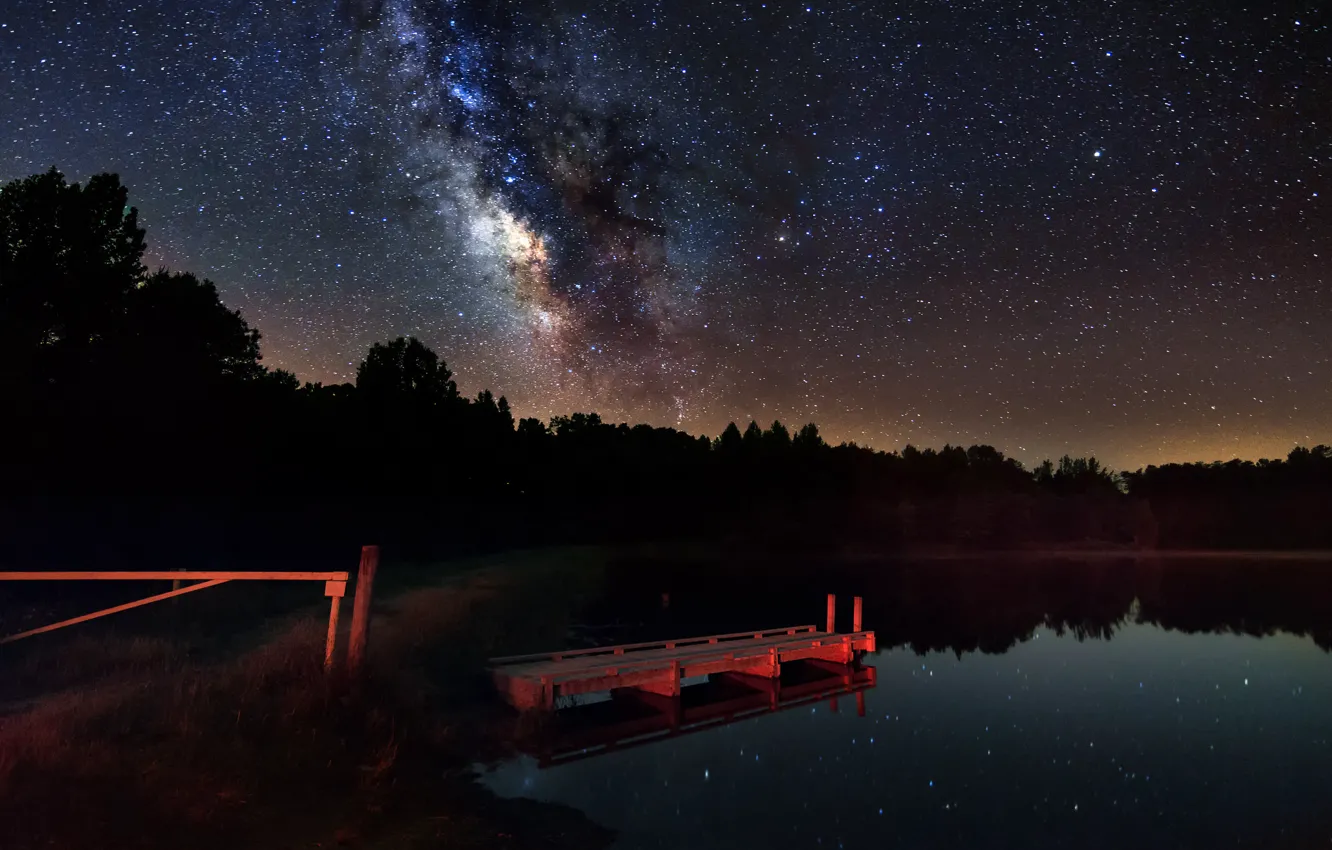 Фото обои лес, звезды, ночь, озеро, млечный путь