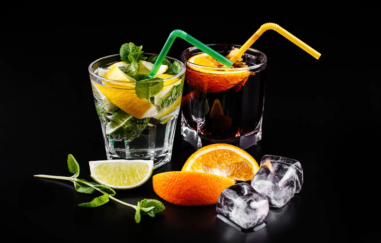 Фото обои апельсин, лёд, коктейль, лайм, напиток, мята, cola, cocktail