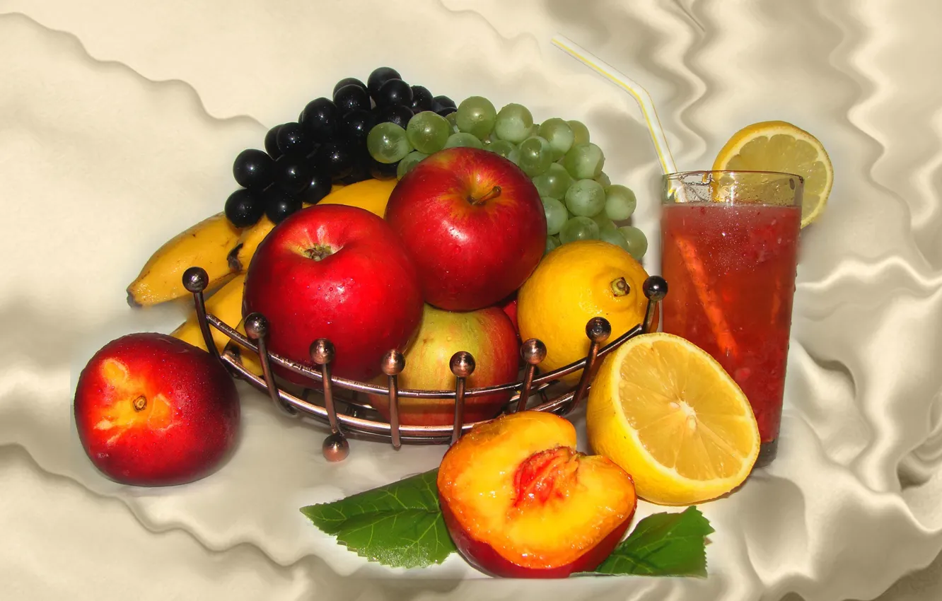 Фото обои лето, природа, настроение, лимон, яблоко, красота, микс, виноград