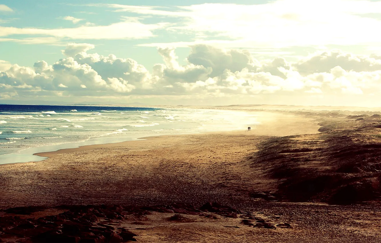Фото обои песок, волны, пляж, небо, пейзаж, люди, океан, горизонт