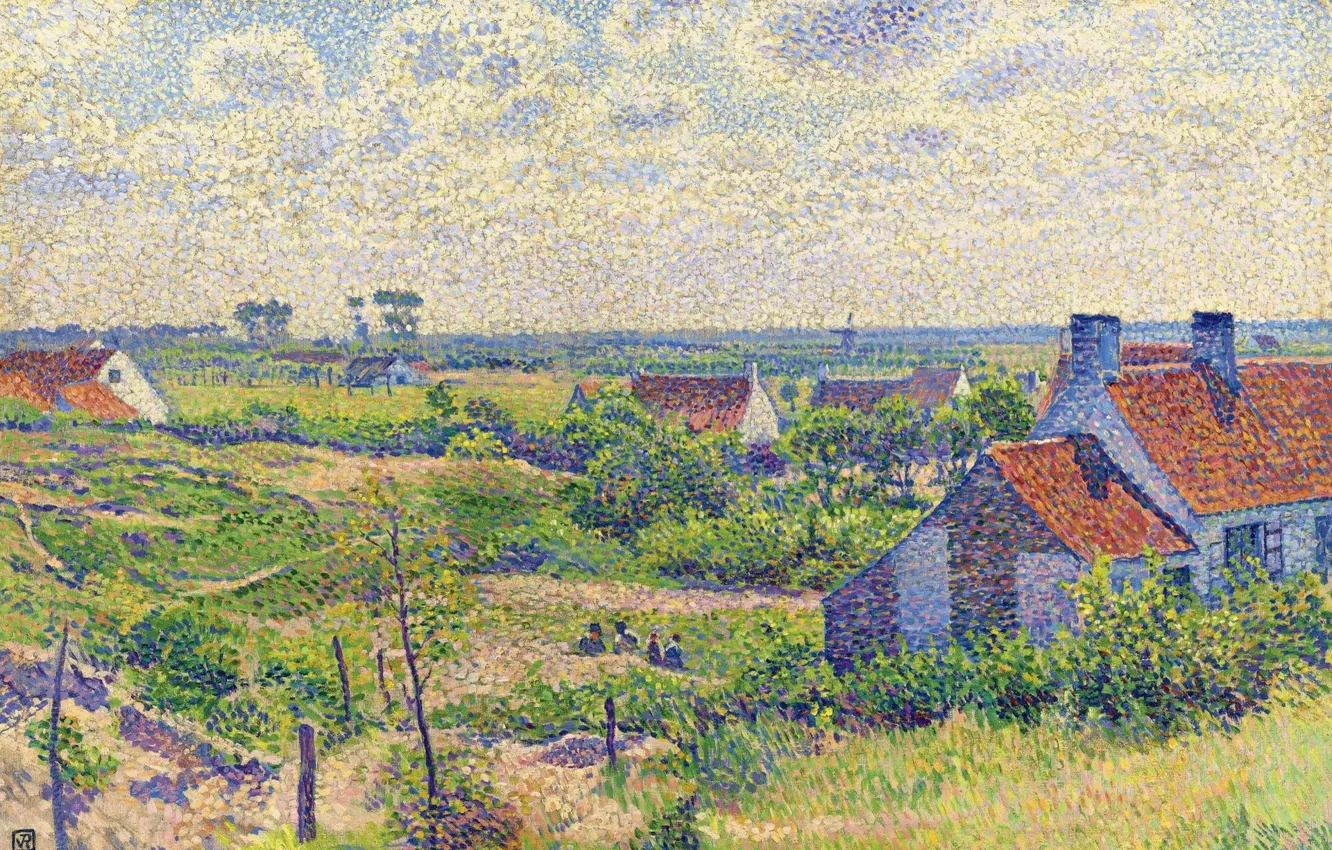 Фото обои картина, пуантилизм, 1894, Theo van Rysselberghe, Пейзаж с Домами, Тео ван Рейссельберге