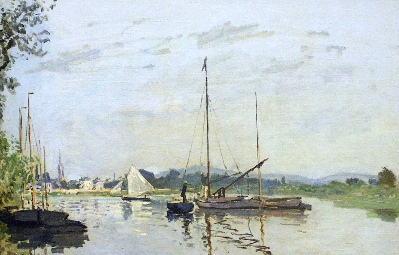 Фото обои пейзаж, река, лодка, картина, парус, Клод Моне, Аржантёй